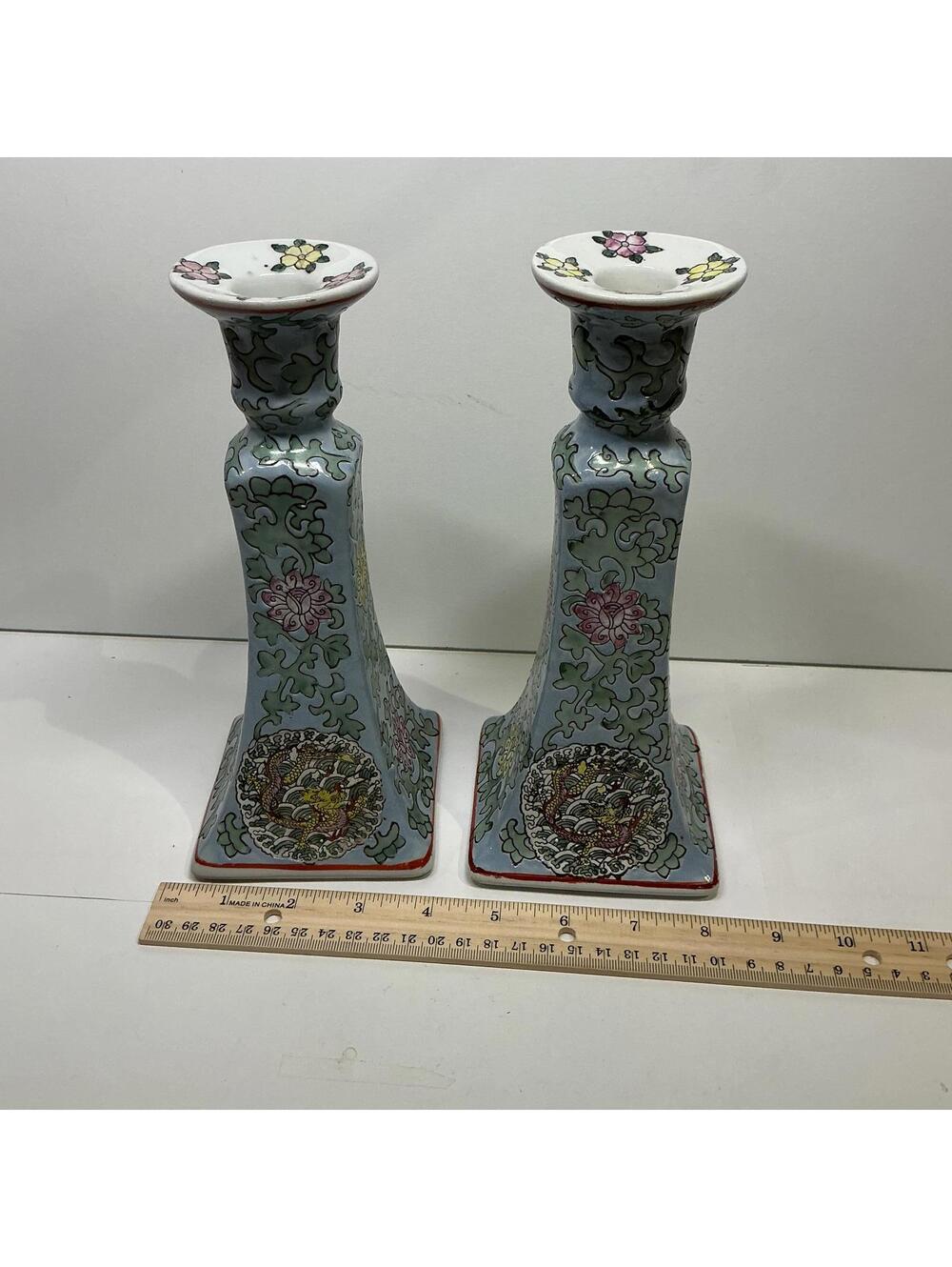Pair Vintage Asian Porcelain Candlesticks Hand Painted Floral & Dragon Motif 10”